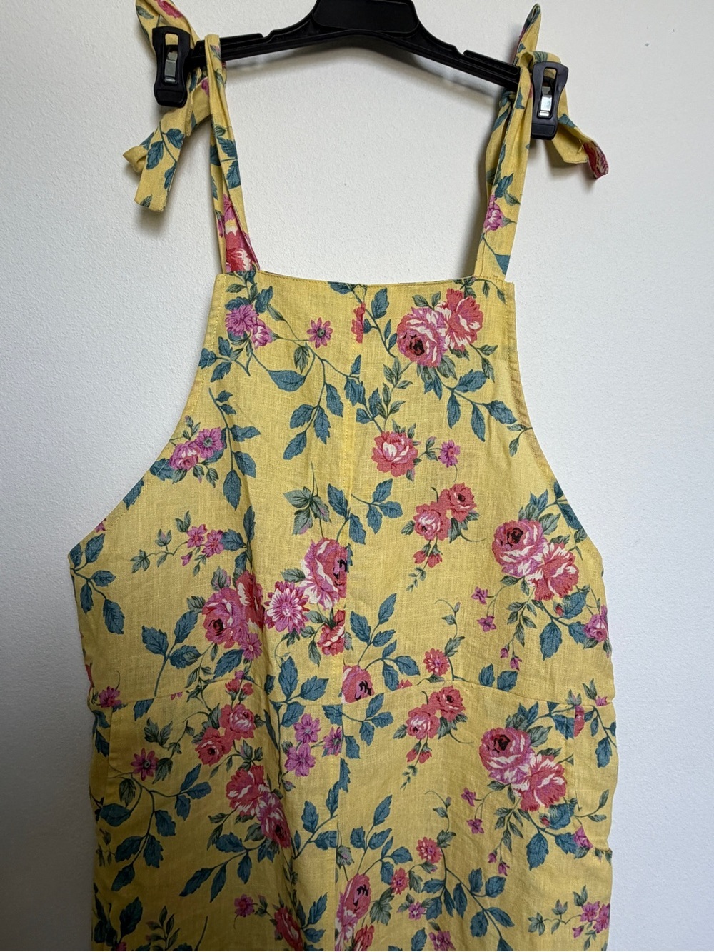 MABLE Yellow Floral Linen Jumpsuit with Pink Roses and Green Leaves - Picture 3 of 6